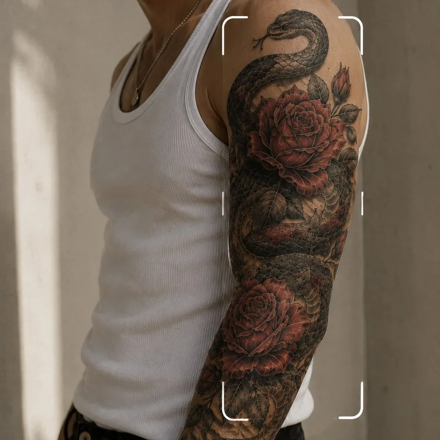 The snake and roses design framed on a forearm in try-on