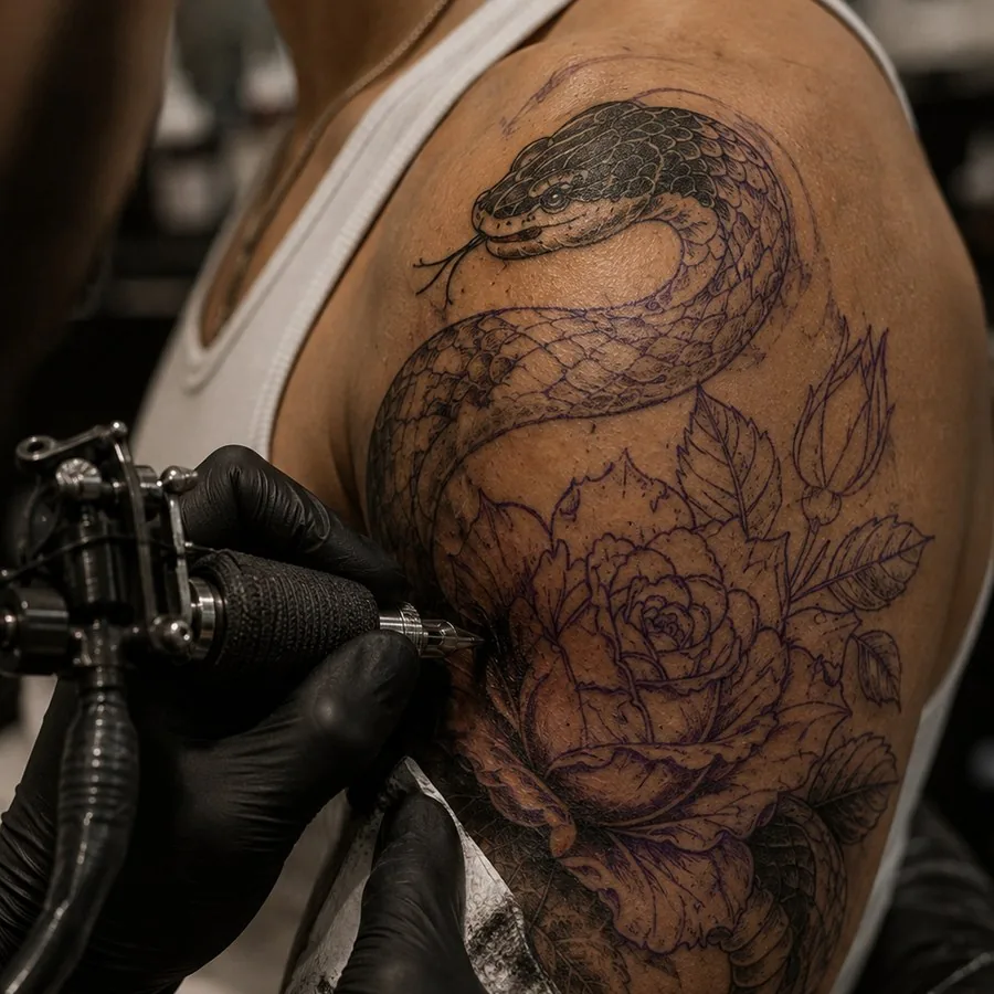 A tattoo artist inking the snake and roses design onto a shoulder
