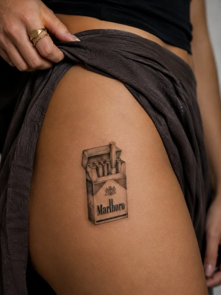 A colour cigarette packet tattooed on a hip