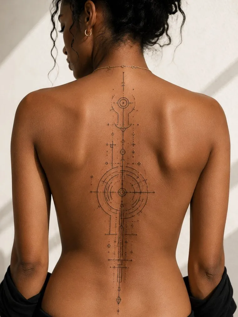 A symmetrical geometric and astronomical linework piece running the length of a spine