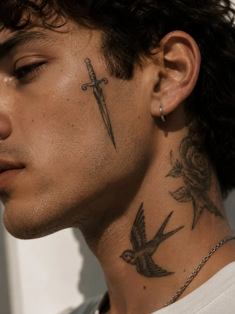 A dagger tattooed beside the eye and a swallow on the neck