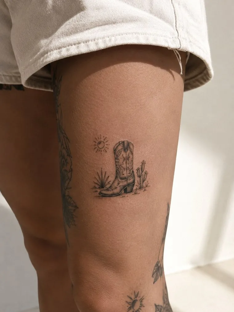 A small cowboy boot and cactus tattooed on a thigh