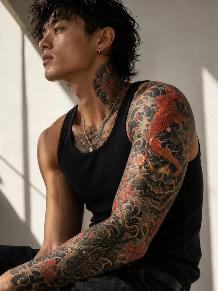 A full-colour Japanese sleeve in red and black, wrist to shoulder