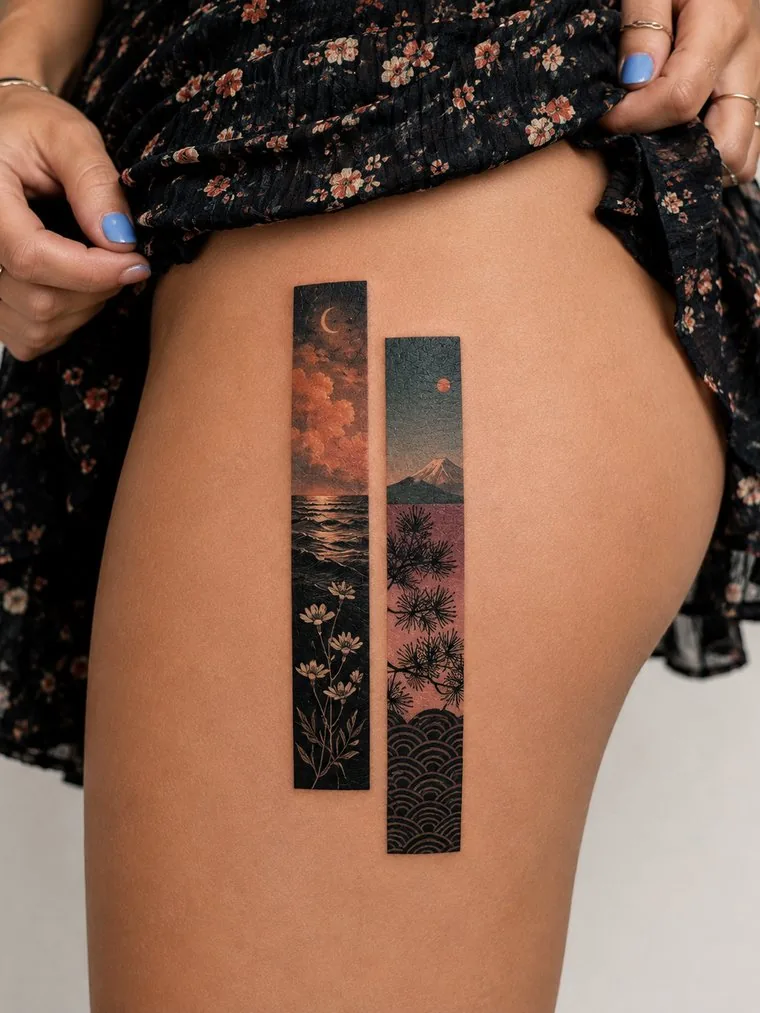 Two panels of a colour landscape at sunset tattooed on a thigh