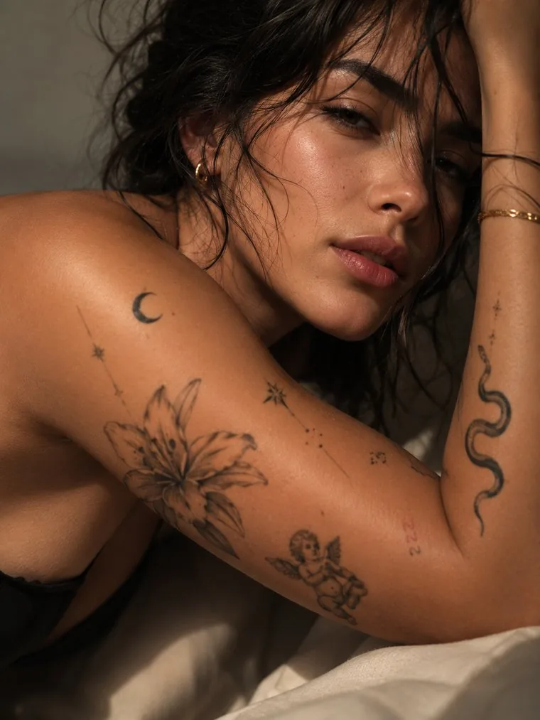 Delicate lily, snake and cherub tattoos scattered across a shoulder and upper arm