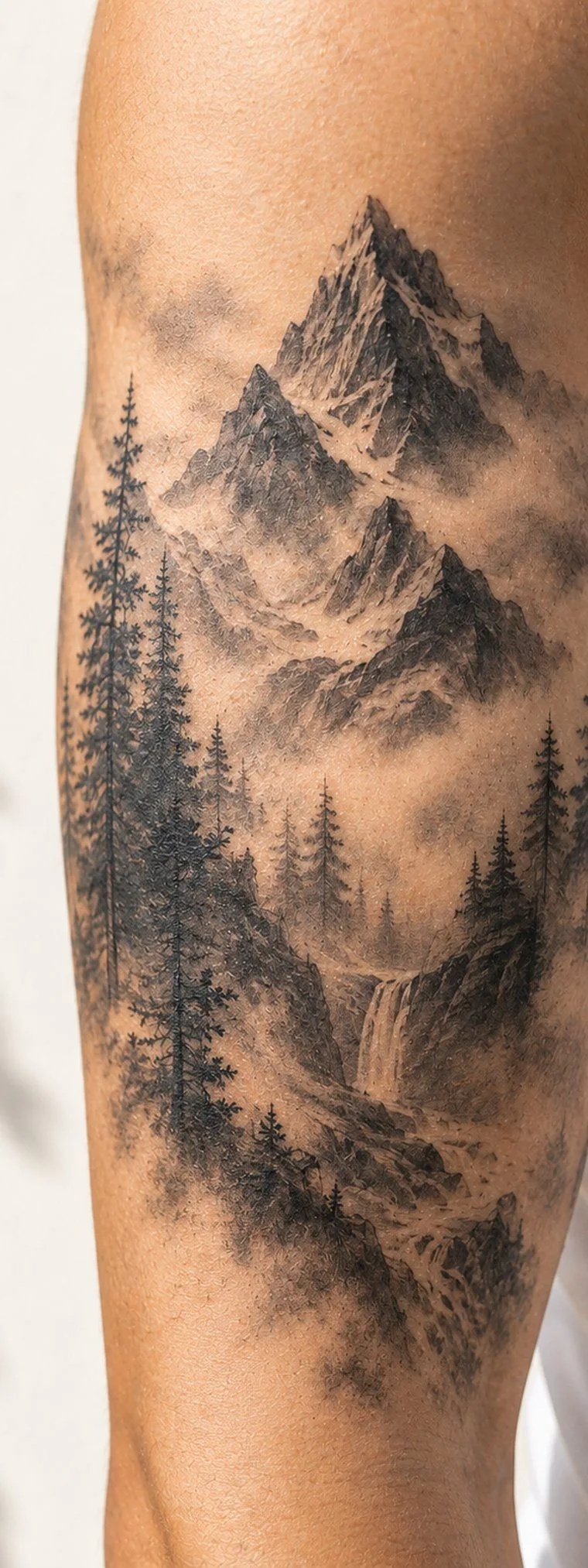 A misty mountain and pine forest landscape tattooed down a forearm
