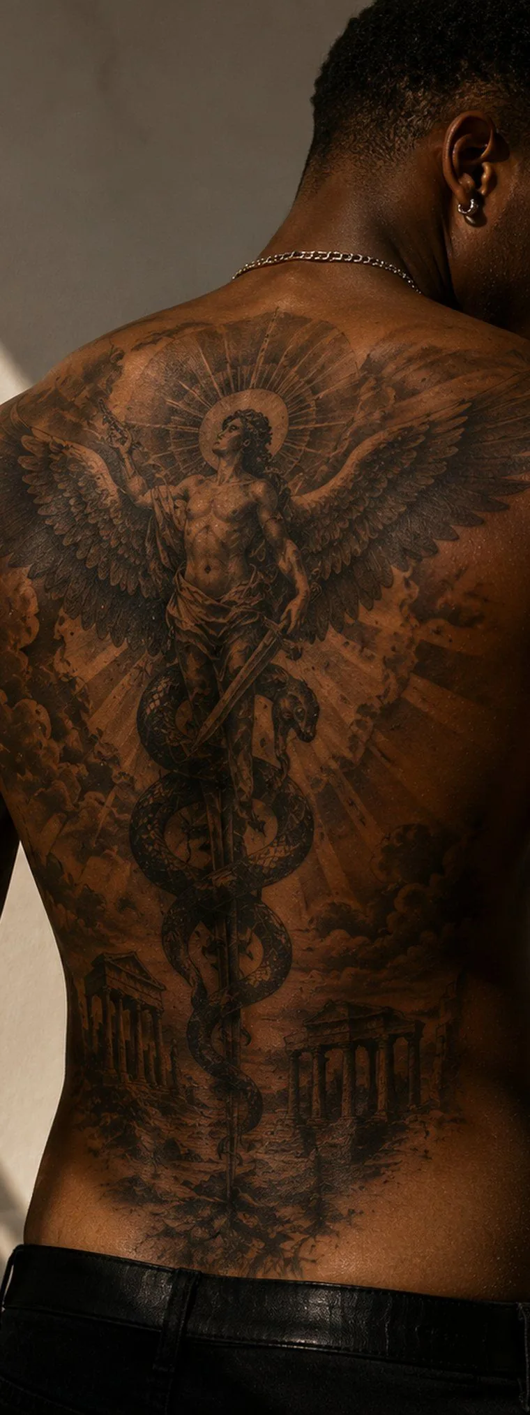 A large winged angel and serpent piece covering a full back