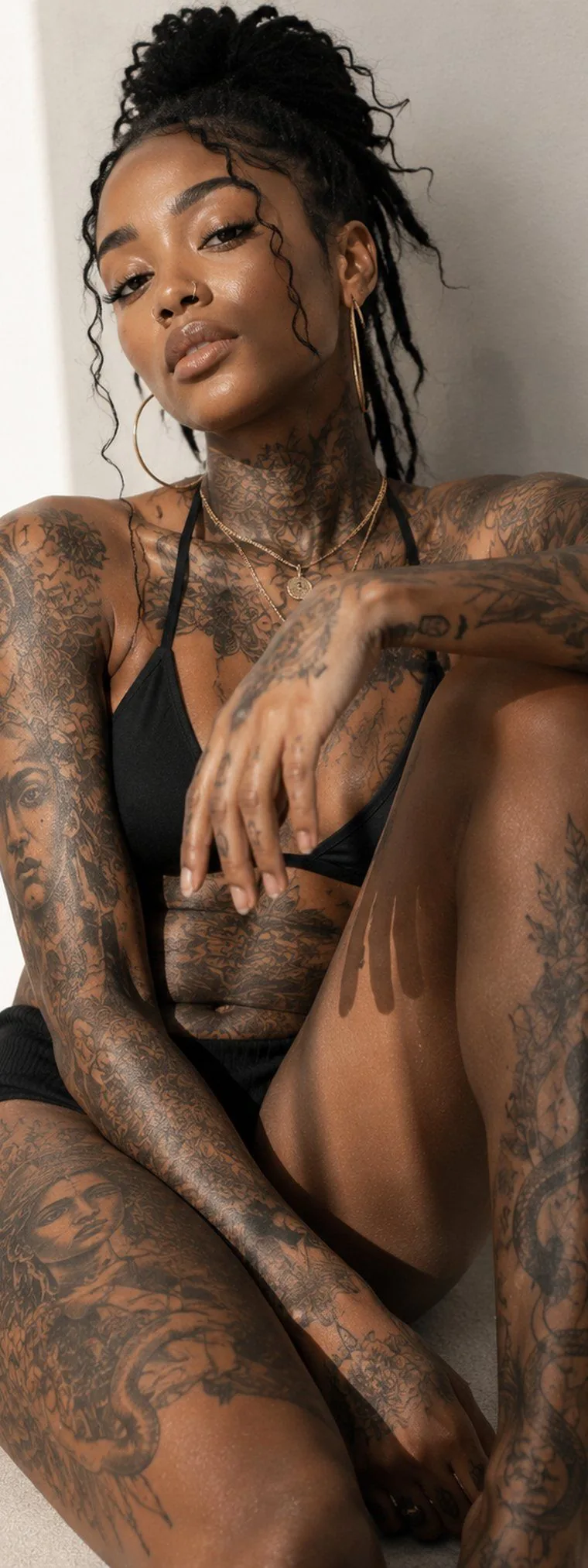 Fine-line blackwork covering both arms, shoulders and legs