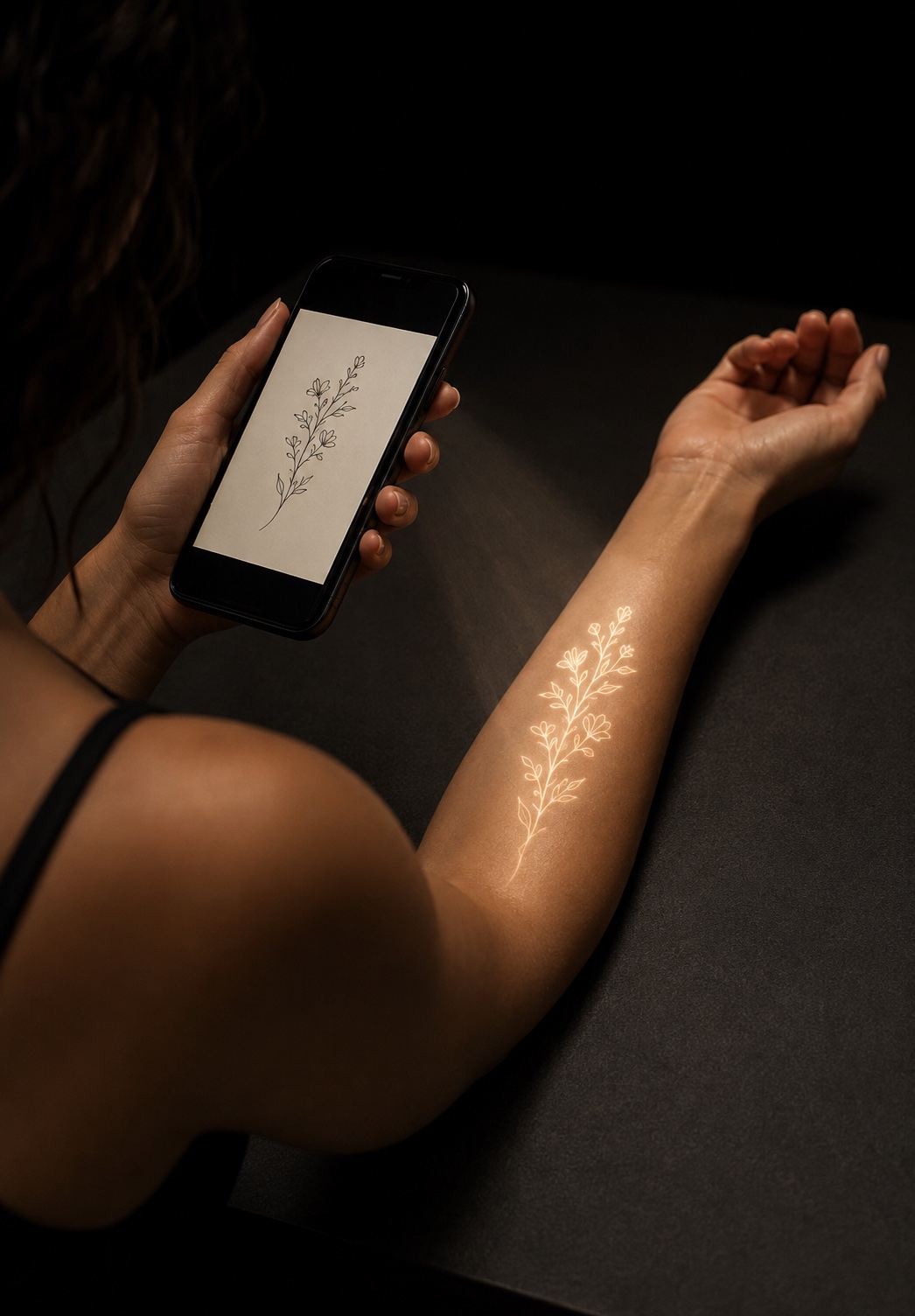 A tattoo design glowing on a person's forearm, projected from the Tatted app