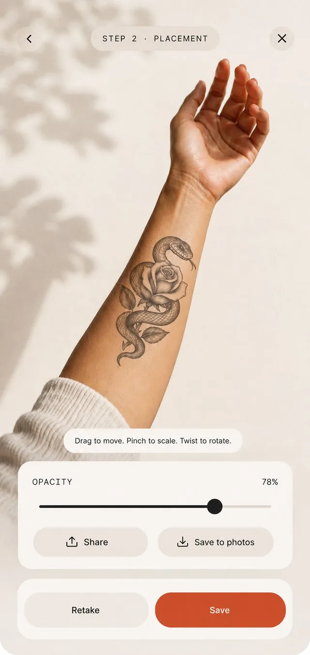 The app previewing a tattoo on skin in AR